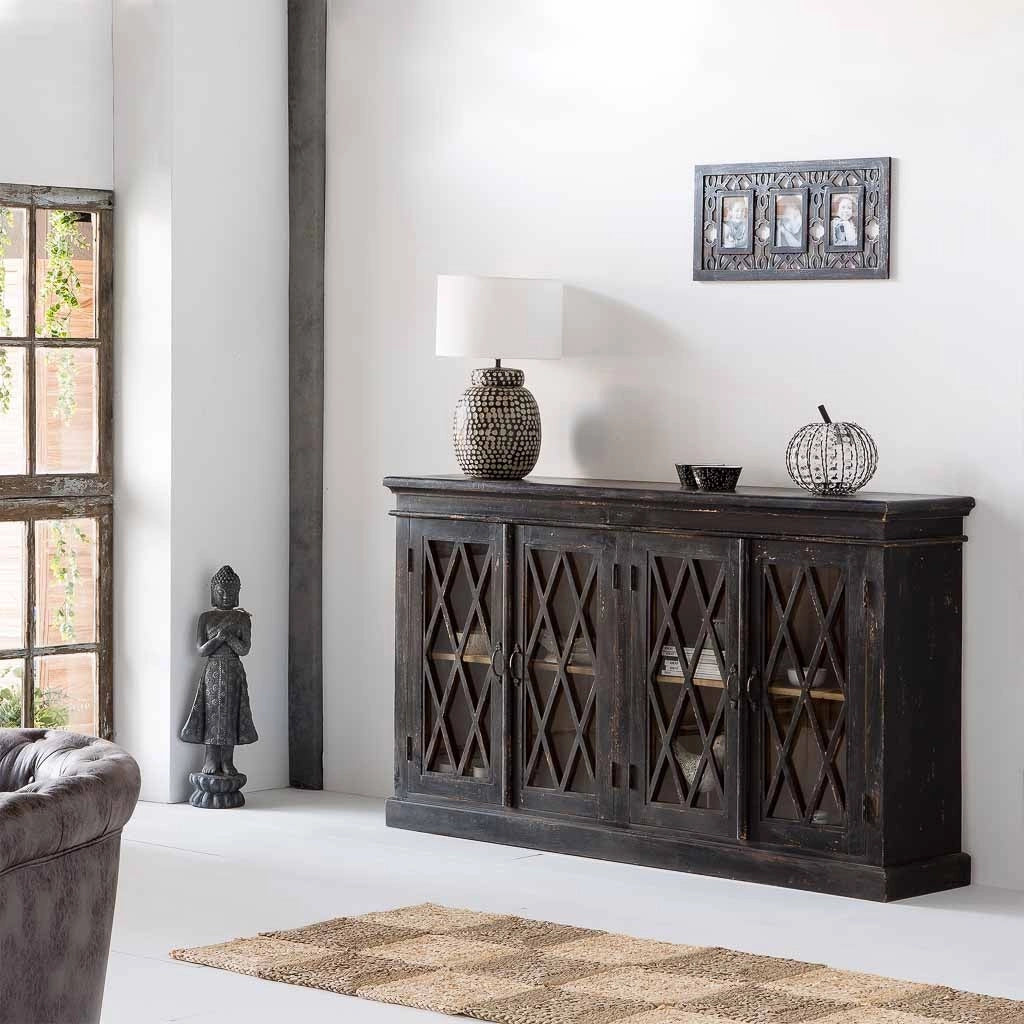 Credenza in legno e vetro artigianale nero 170x40x100