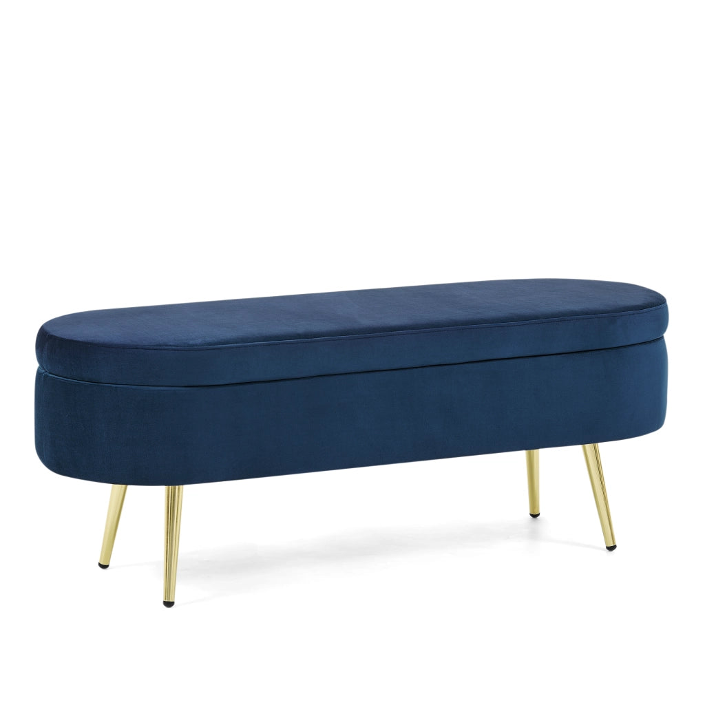 Panca contenitore in velluto blu scuro 110x40x42 cm con vano 20L e gambe in metallo