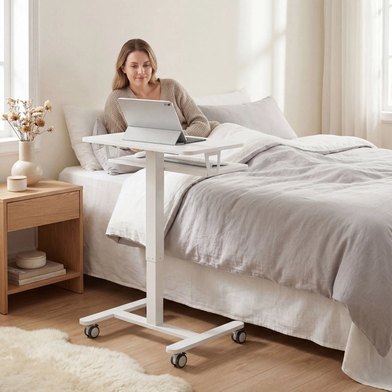 Scrivania lineare regolabile in altezza con vassoio tastiera e ruote, con telaio in acciaio, bianco 65 × 60 cm