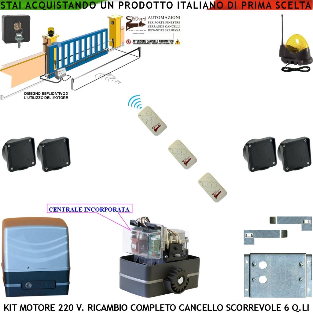 Kit Motore 230 V e Centrale Ricambio Cancello Scorrevole Traina 6 Q.li 3 Radiocomandi Faro Selettore 2 Coppie Fotocellule Incasso Pignone Acciaio M4Z12 Fine Corsa Meccanico Compatibile Altre Marche CE