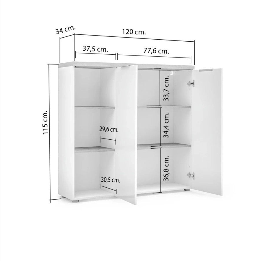 Belsito, Armadio Multiuso 2 Ante 4 Ripiani Made in Italy, 120x115h cm Bianco Lucido