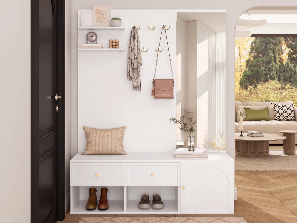 Set ingresso multifunzione con specchio, ripiani, cassetti e ganci, 120 x 35 x 159 cm, bianco