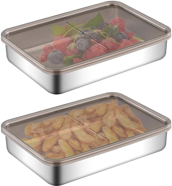 Vasca per carne 2 in 1 Fresh, organizzatore del frigorifero, vasca per carne in acciaio inossidabile con coperchio, set di conservazione riutilizzabile, ermetico per il contenimento di salumi e formaggi