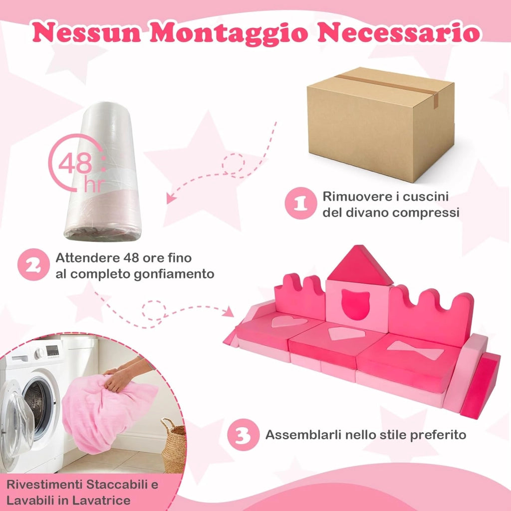 Divano da Gioco per Bambini 14 Pezzi, Divanetto Morbido con Coperture Rimovibili, Blocchi Modulari in Schiuma per Arrampicata, Poltrona per Camera da Letto e Stanza Giochi per Bambini 3+ Anni