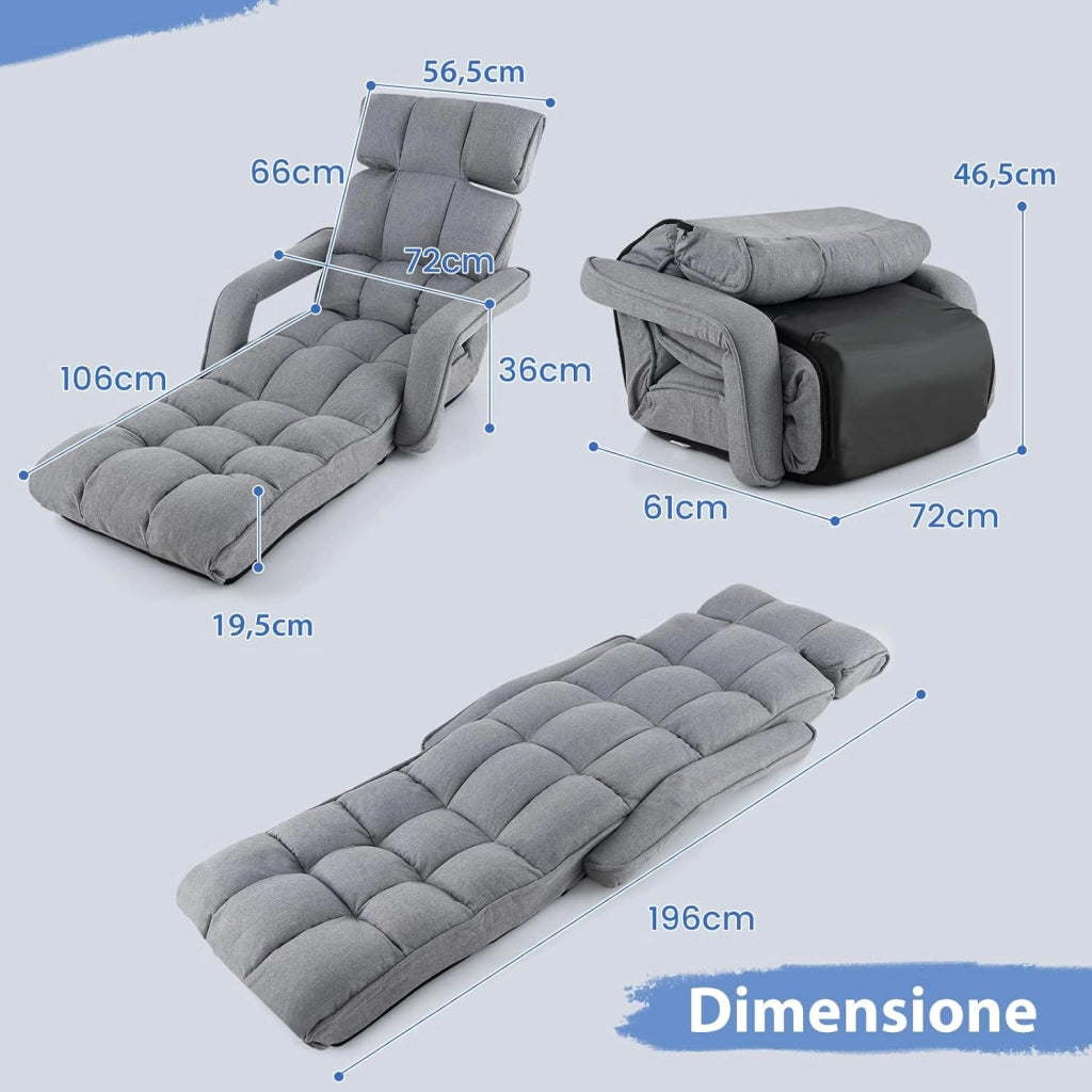 Poltrona Salotto da Terra, Sedie Pieghevoli Imbottita Chaise Longue Reclinabile in 5 Posizioni, con Regolabili Braccioli Schienale, per Yoga Relax Meditazione, 195x73x19 cm(Grigio)