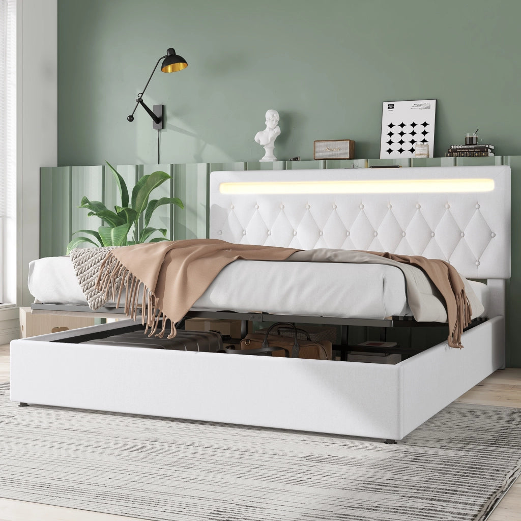 Letti contenitori 180x200 cm con sollevamento idraulico; LED USB; lino e MDF; bianco