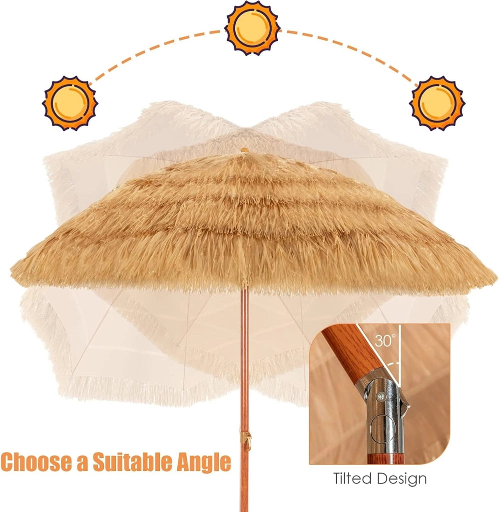 Ombrellone da Spiaggia 200 cm, Parasole Hawaiano, Antivento, Impermeabile, Anti UV, Ombrello in Paglia Pieghevole e Portabile, Ombrello in Rafia per Giardino, Balcone, senza Base, Giallo