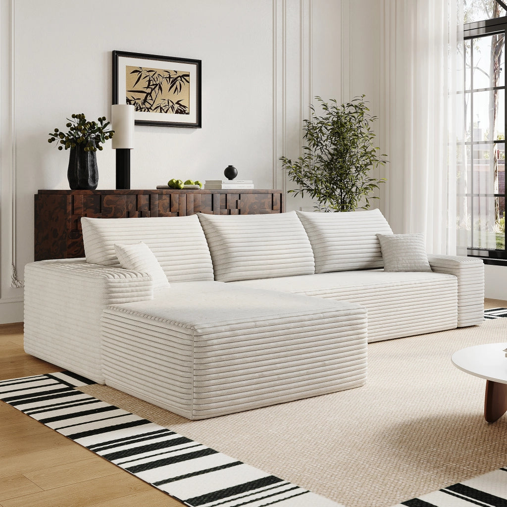 Divano angolare modulare con chaise longue e seduta profonda in tessuto a coste bianco