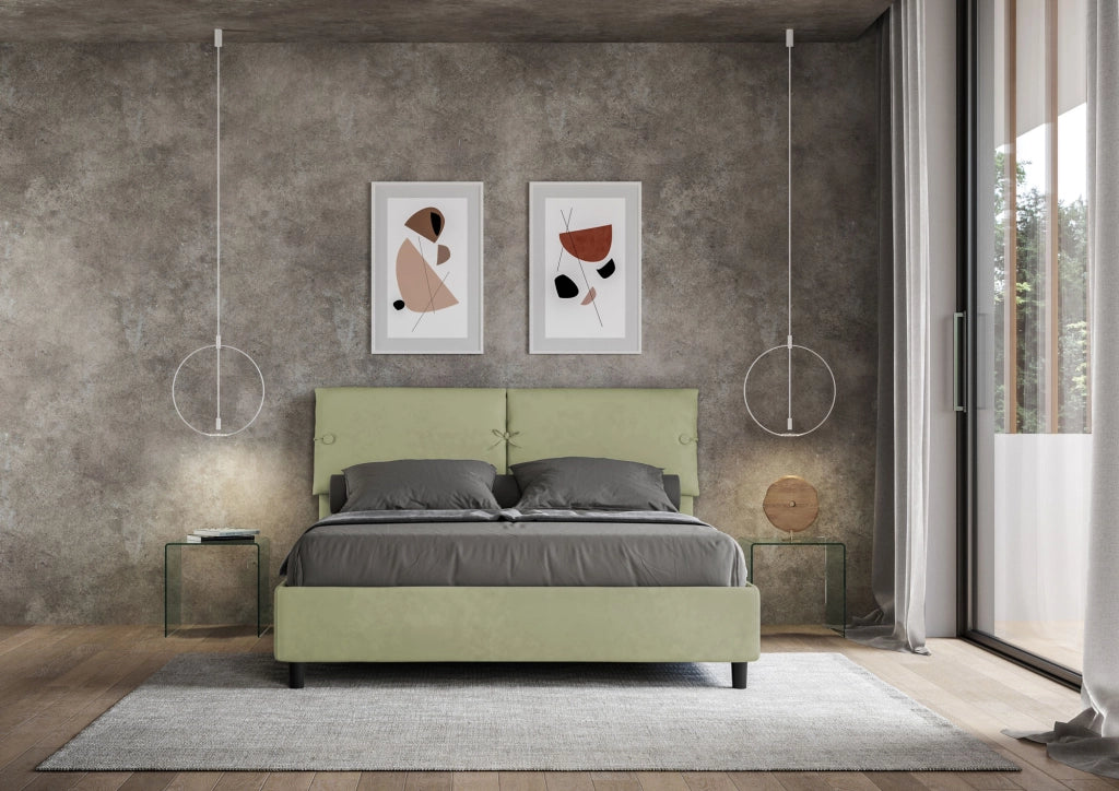 BS COM Letto matrimoniale con rete imbottito 160x200 microfibra tè verde
