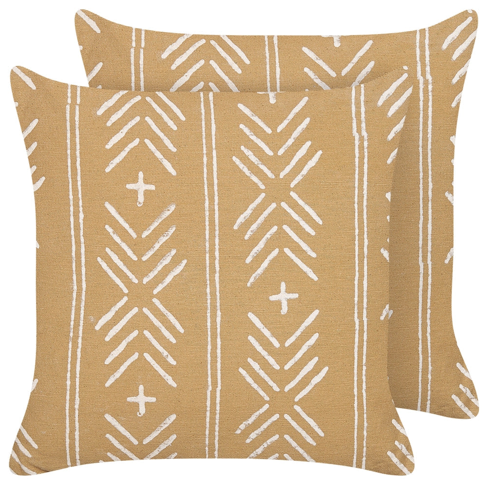 Set di 2 cuscini decorativi cotone beige e bianco 45 x 45 cm motivo geometrico fatto a mano sfoderabile con imbottitura