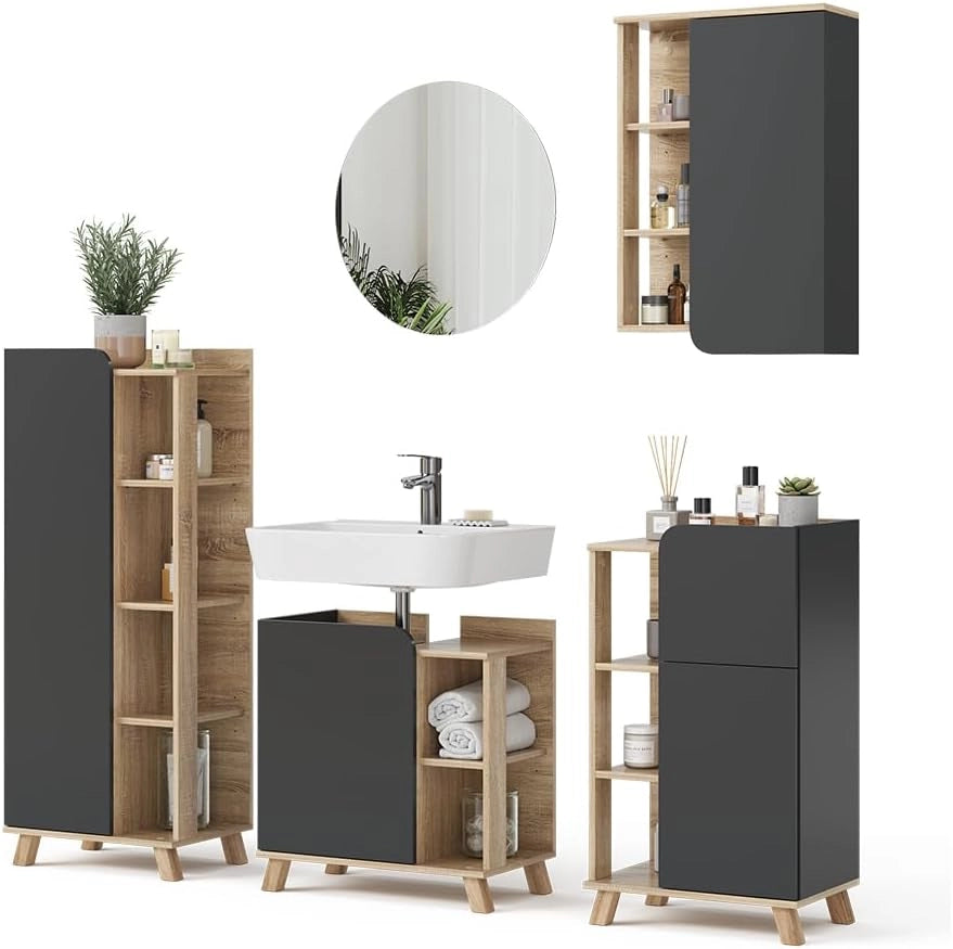 Set di mobili da bagno Karen, Sonoma/antracite, 60 cm, composto da mobile sottolavabo, specchiera, colonna, base media e pensile