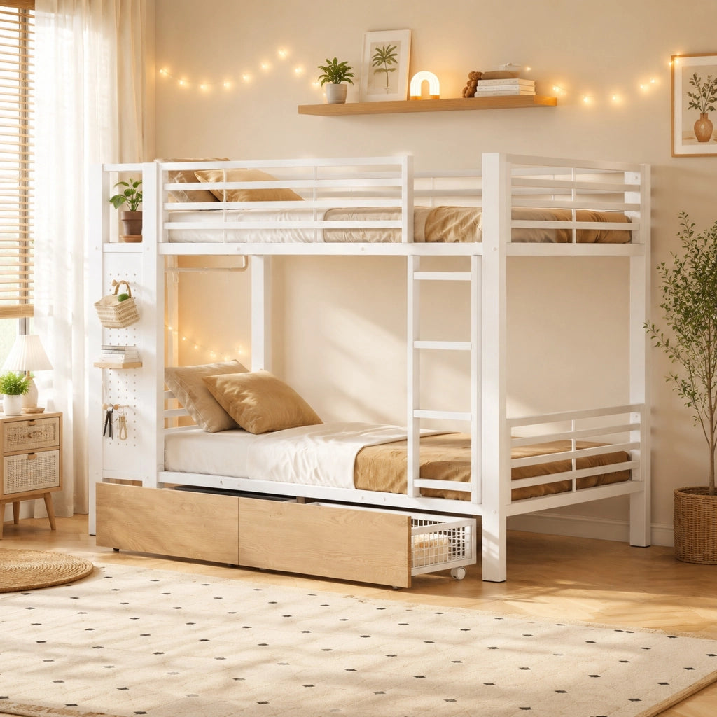 Letto a Castello 90 x 200 cm; 2 Posti; 4 Cassetti e LED in MDF e Metallo; Bianco