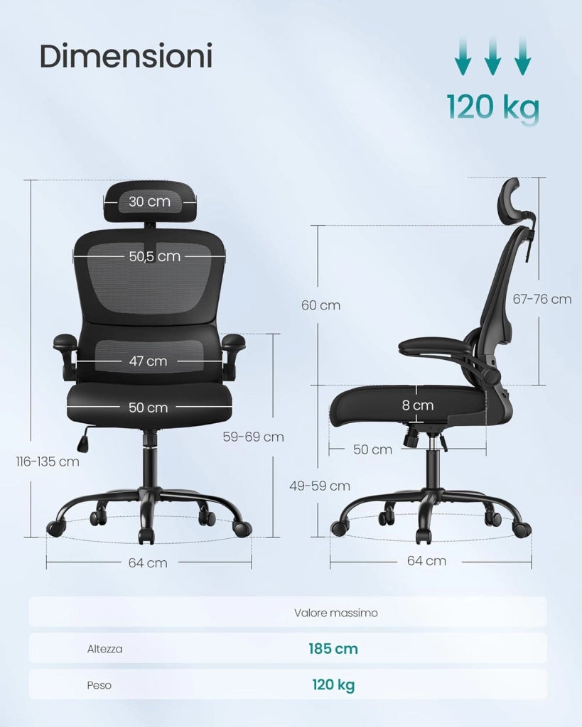 SONGMICS Sedia Ergonomica da Ufficio, Sedia Computer, Tessuto Rete a Doppio Strato, Braccioli Sollevabili, Supporto Lombare Adattabile, Poggiatesta Regolabile, per Studio, Nero Inchiostro OBN041B01