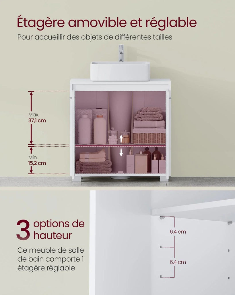 Mobile lavabo da bagno con 2 vani dietro le ante per vari tipi di lavabo con gambe 30 x 60 x 60 cm bianco 12_0006535