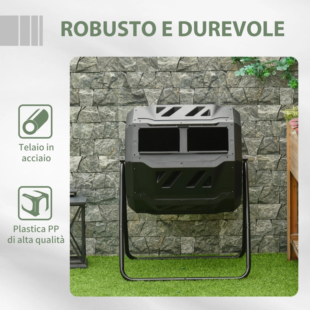Compostiera da Giardino 2 Sezioni ¨C Zephmum ¨C Nero Acciaio PP 160L 71x65x96 cm