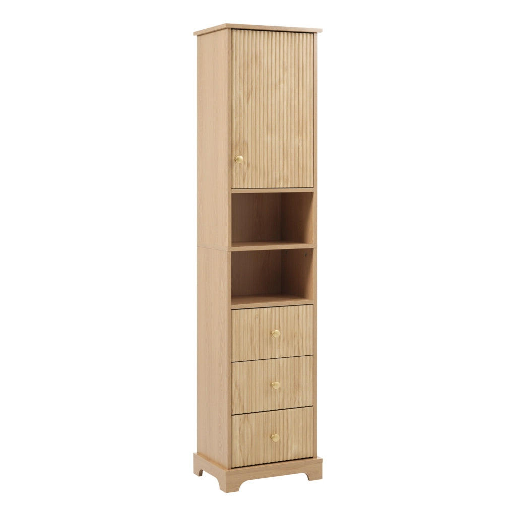 Armadietto da bagno con 3 cassetti, anta e 2 vani aperti, ripiano regolabile, in MDF naturale, 40 × 30 × 172 cm