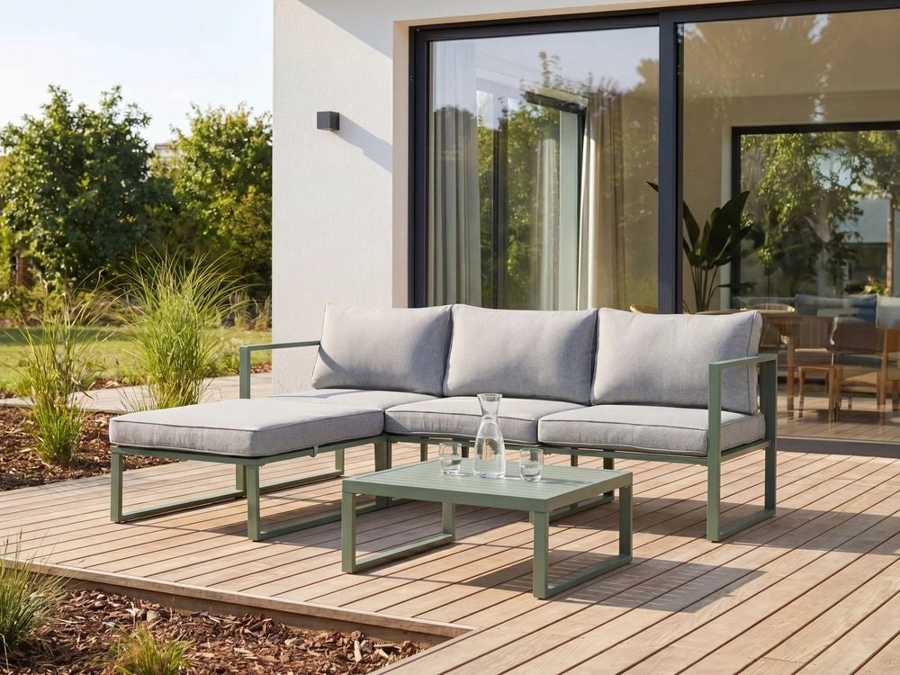 Set Lounge da Giardino a 3 Posti con Divano Angolare Sinistro in Tessuto Verde e Tavolino Struttura in Alluminio