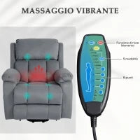 Poltrona Alzapersona a 8 Punti Massaggianti e Tasca Portaoggetti, in Finta Pelle e Acciaio, 90x95x103 cm, Grigia