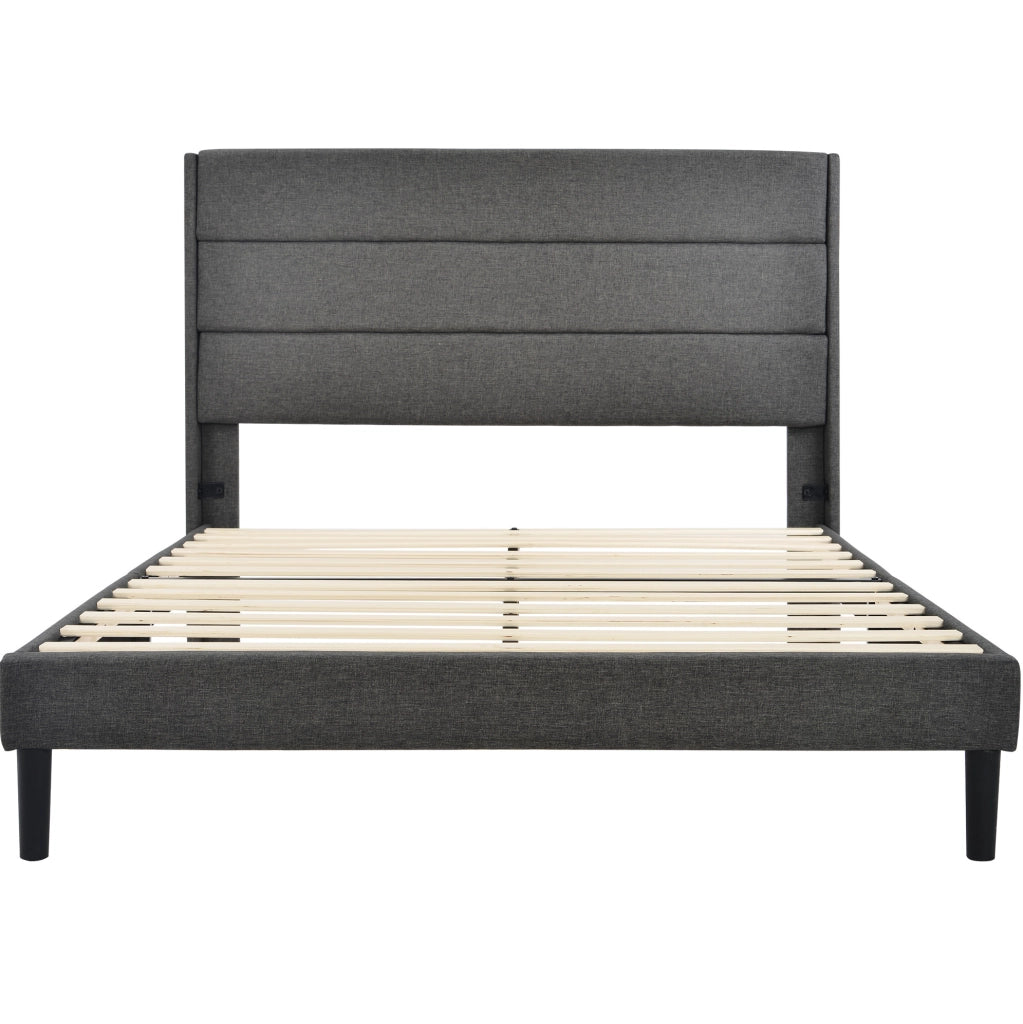 Letto imbottito 140x200 cm in lino grigio con testiera e rete a doghe