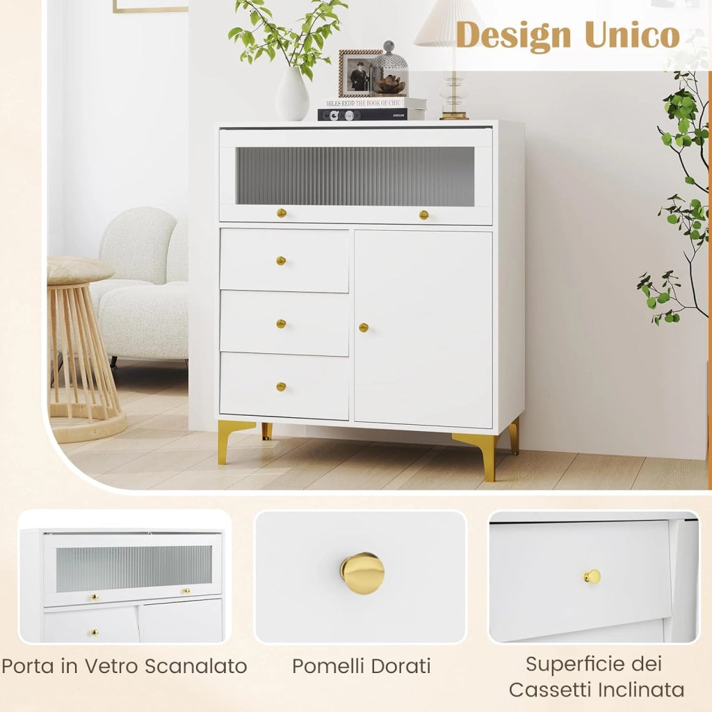 Cassettiera Credenza Camera da Letto a 3 Cassetti, Mobile con Ante e Scomparto con Vetrina Ribaltabile, Comò per Ingeresso, Soggiorno e Cucina, 80 x 40 x 95,5 cm, Bianco