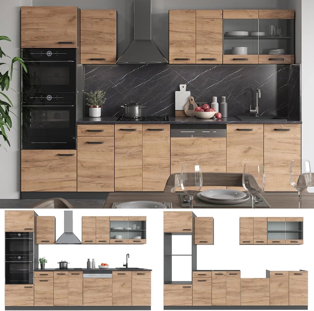 Cucina componibile R-Line, Quercia dorata, 300 cm con armadio alto, senza piano di lavoro, adatto per combinazioni ed espansioni personalizzate