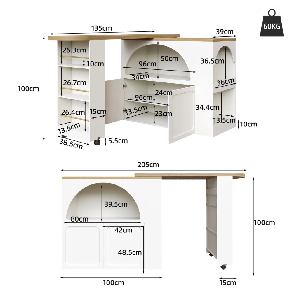 Tavolo bar estensibile mobile con LED e USB 135-205x39x100 cm in MDF bianco