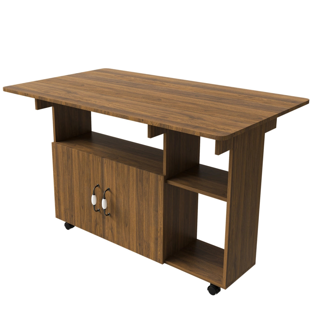Tavolo pieghevole multifunzione 110x70 cm in MDF effetto noce; con ruote e vani contenitori