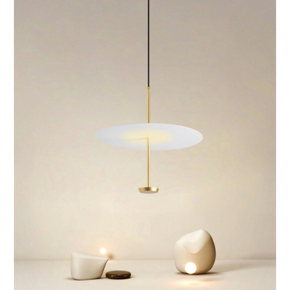 Trade Shop - Lampadario A Sospensione Luce 6500k Led 18w Disco Paralume Piatto Bianco Oro Tondo 33207 -