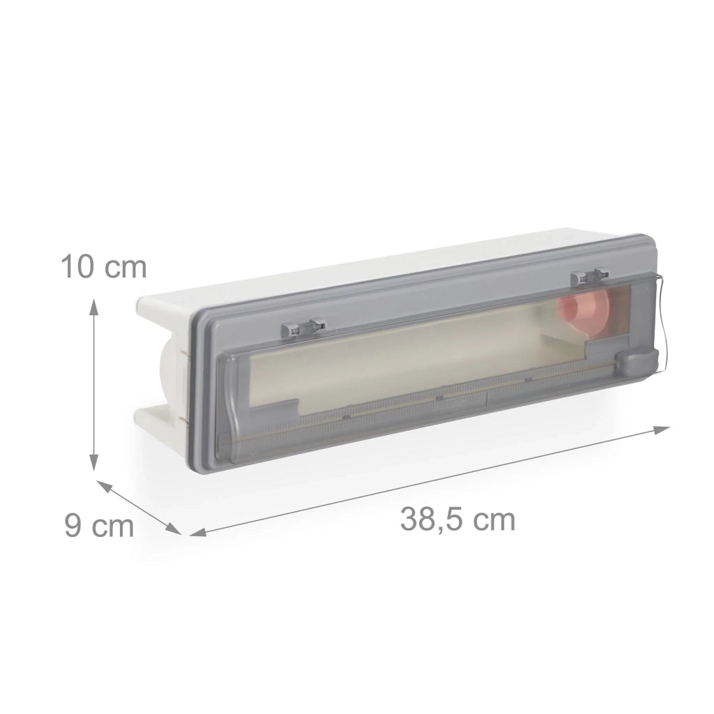 Pratico dispenser per pellicola alimentare da cucina regolabile con finestrella di visualizzazione in stile moderno in plastica bianca 13_0013469