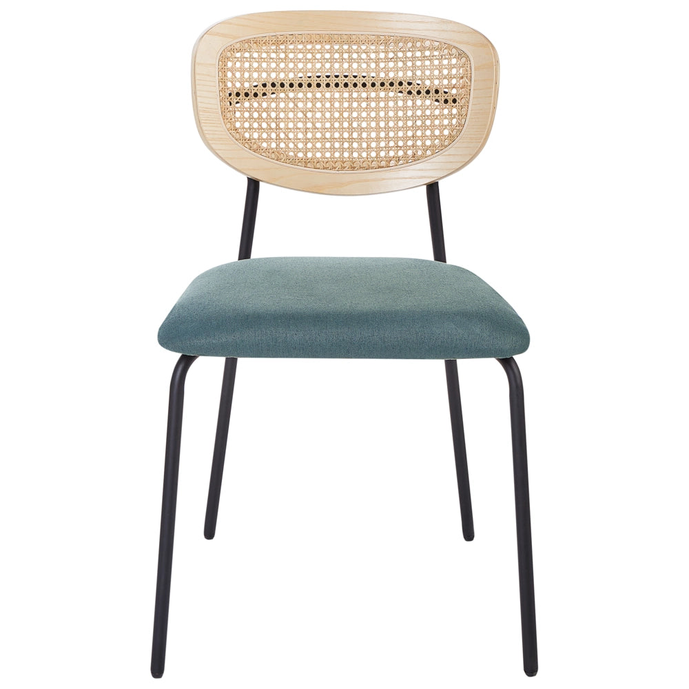 Set di 2 sedie da pranzo Rivestimento in poliestere blu Schienale in rattan naturale a treccia viennese Gambe in metallo nero Sgabelli senza braccioli