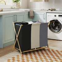 Cesto Portabiancheria Pieghevole 75x48x67 cm a 3 Scomparti in Bambù e Tessuto Effetto Lino Multicolore