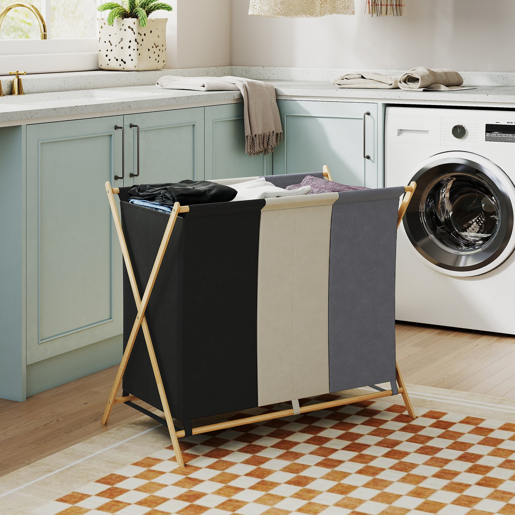 Cesto Portabiancheria Pieghevole 75x48x67 cm a 3 Scomparti in Bambù e Tessuto Effetto Lino Multicolore