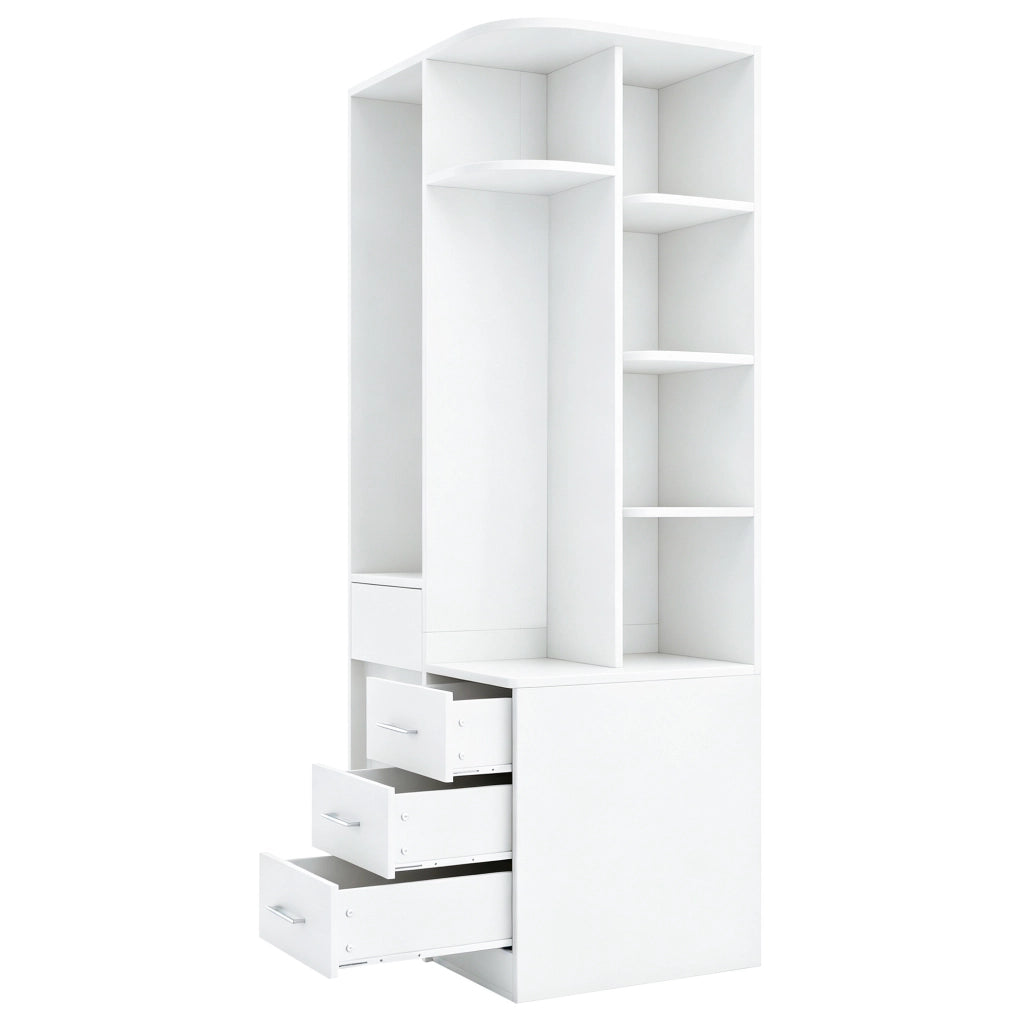 Armadio freestanding 70 x 55 x 175 cm con ripiani; vani aperti e cassetti; bianco