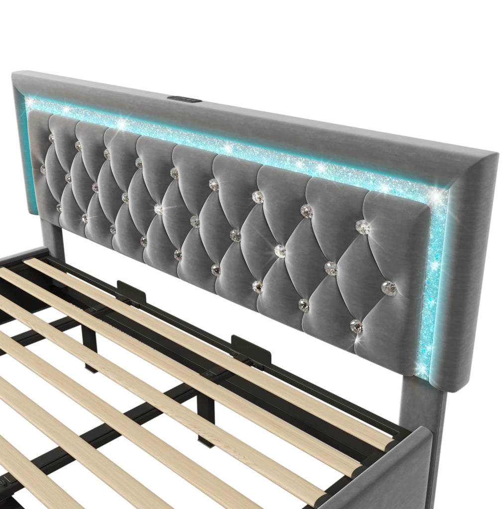 Letto matrimoniale 180x200 cm in velluto grigio con LED; USB e USB-C; contenitore idraulico