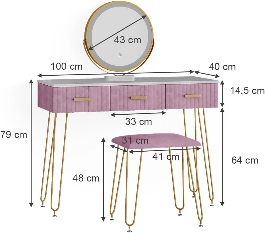 Tavolo da toeletta Layla, rosa, 100 cm con illuminazione LED e sgabello, con illuminazione a LED e panca imbottita