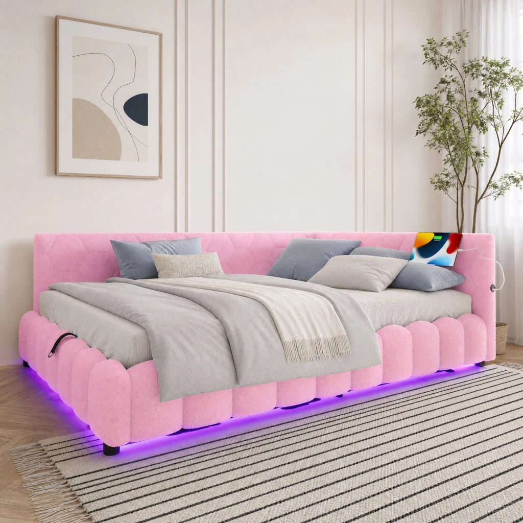LETTO Daybed 140x200 cm Rosa con LED, USB, Tipo-C e vano contenitore