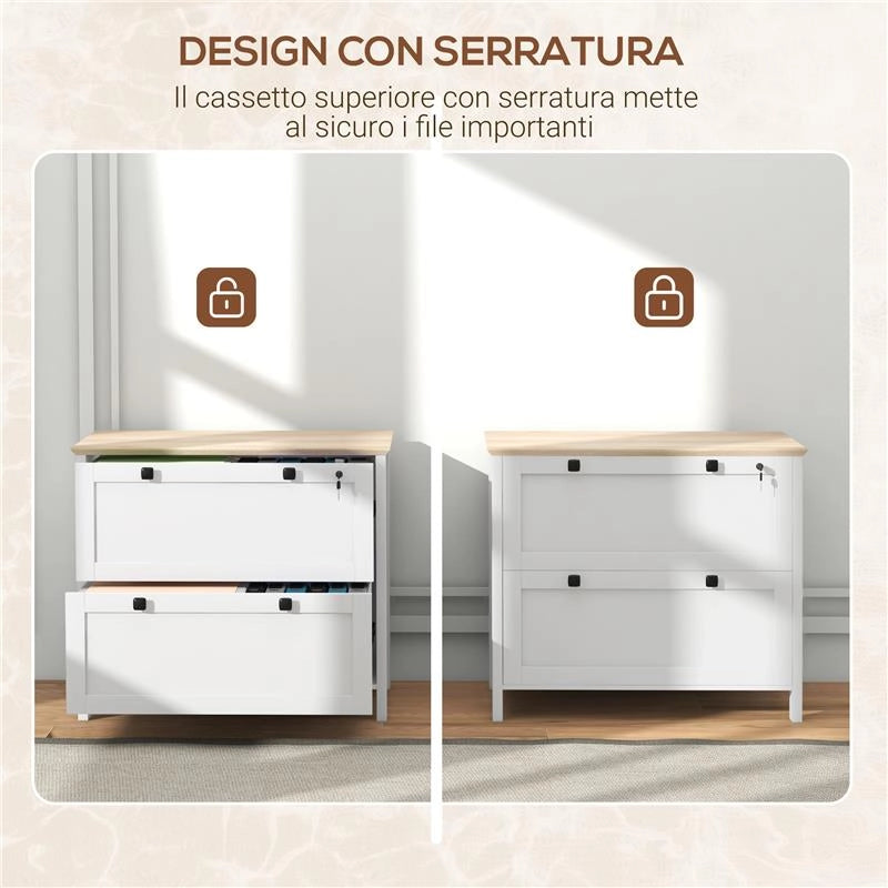 ARMADIETTO PORTADOCUMENTI CON 2 CASSETTI PER CARTELLE A4, SERRATURA E CHIAVI, 76X40X76CM, BIANCO