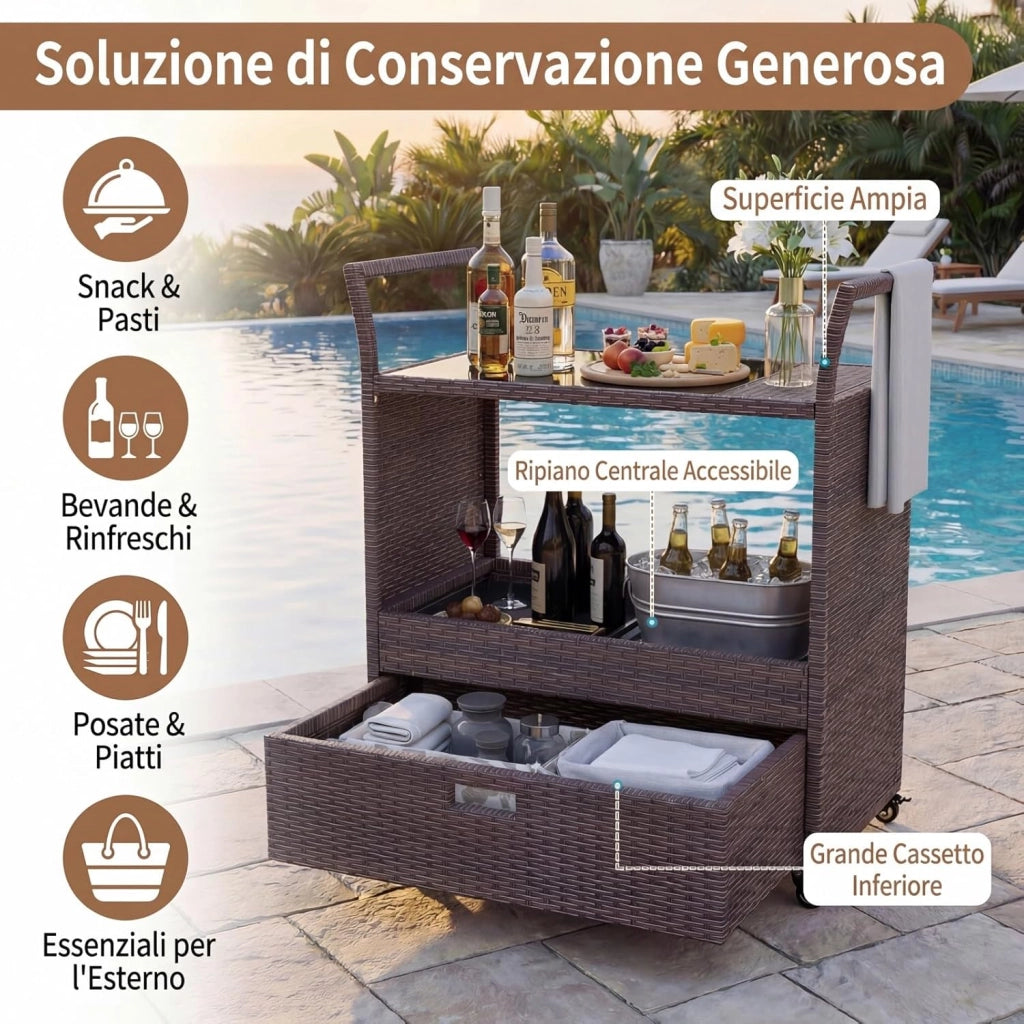 Carrello Bar in Rattan PE, Tavolo Bar da Esterno con Ruote, Ripiano Aperto, Cassetto e Piano in Vetro Temperato, Carrello di Servizio con Maniglie per Giardino, Cortile, Piscina, 85 X 47 X 92 CM