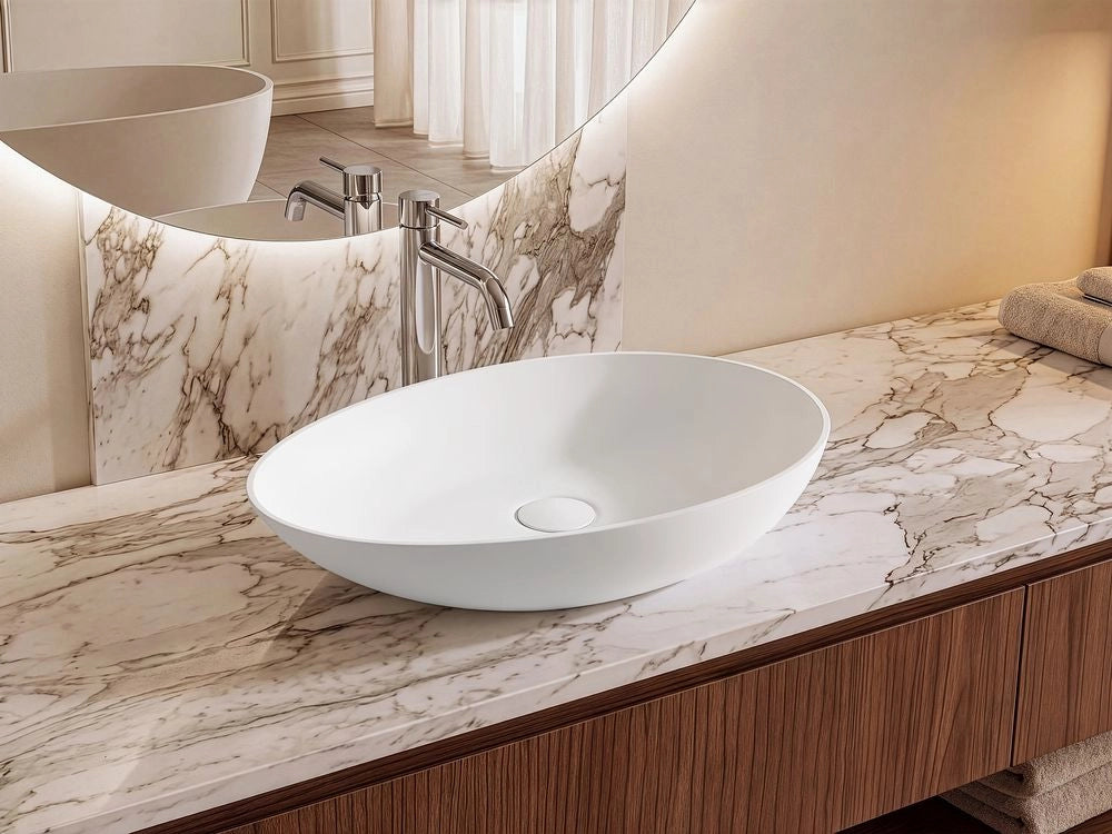 Lavabo da appoggio in superficie solida, forma ovale da appoggio bianco raffinato