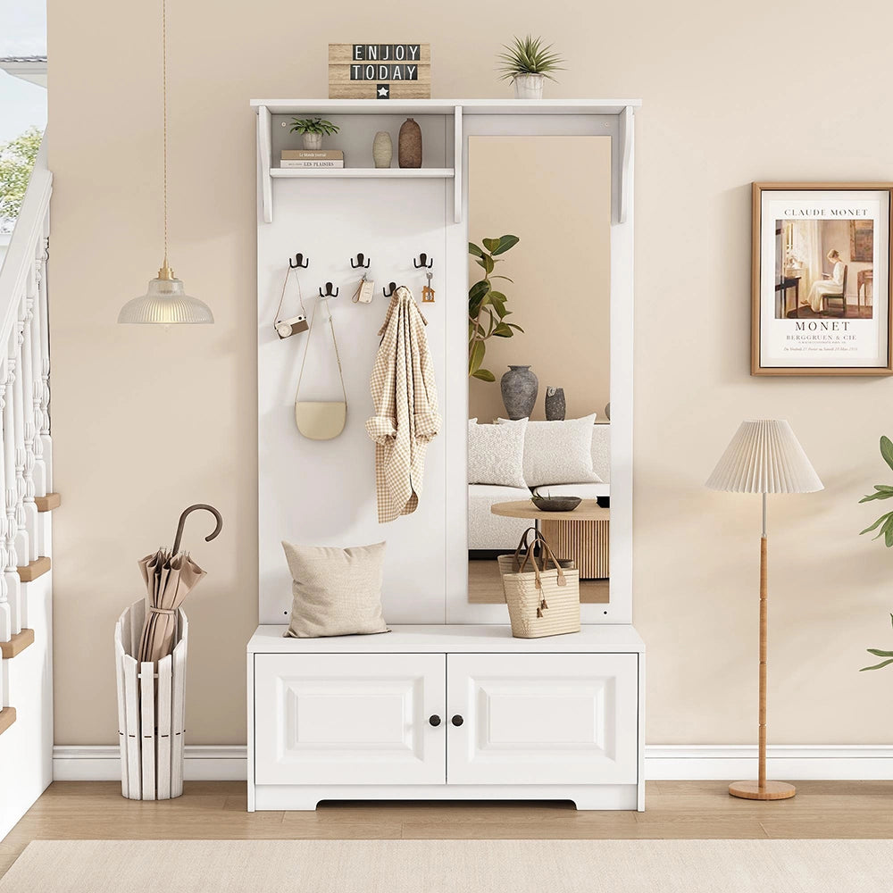 Appendiabiti con specchio 100x40x180 cm - Xylo - 5 ganci, 2 ante, ripiano scarpe, bianco