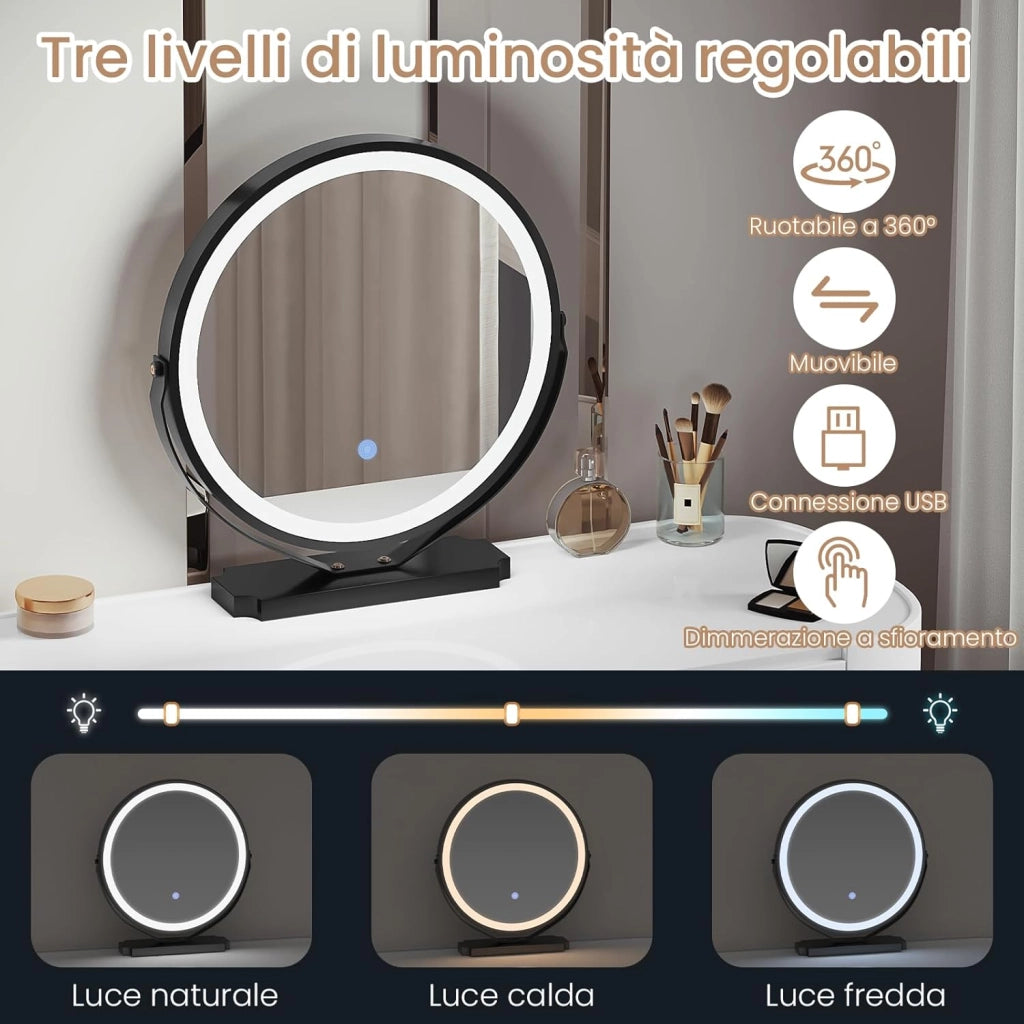 WOLTU Toeletta con Illuminazione a Led e Specchio, Postazione da Trucco con 3 Cassetti in Legno Massiccio, 1 Mobile Laterale Flessibile, Piano Lucido, Bordo in PVC, Facile da Montare, Moderno, Bianco