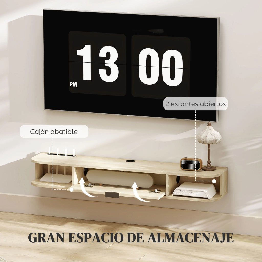 Mobile TV Sospeso con Cassetto e Ripiani Aperti ¨C zephmum ¨C Legno Naturale 120x24x16 cm