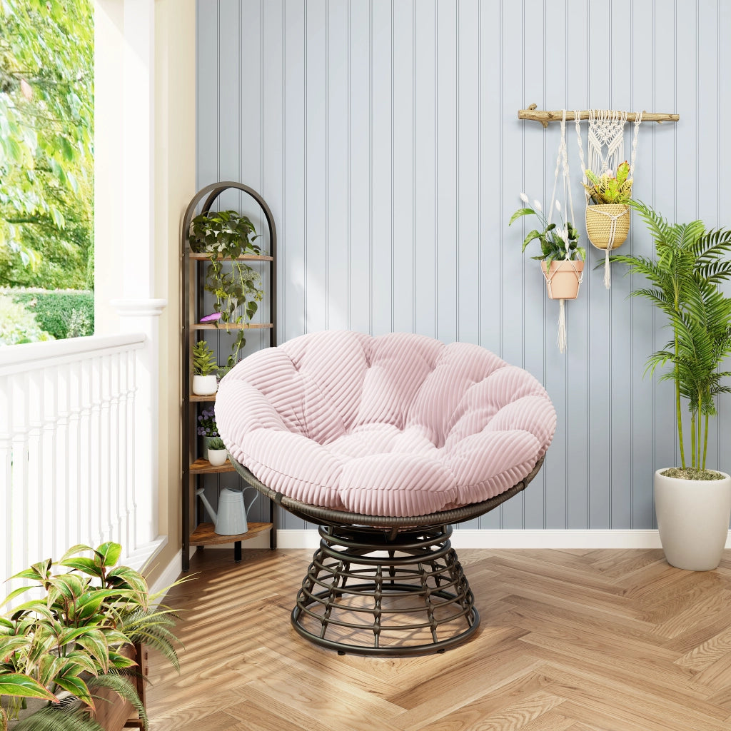 Poltrona Papasan Girevole Rotazione 360 con Cuscino Imbottito Spesso Design Ergonomico in Acciaio Rosa