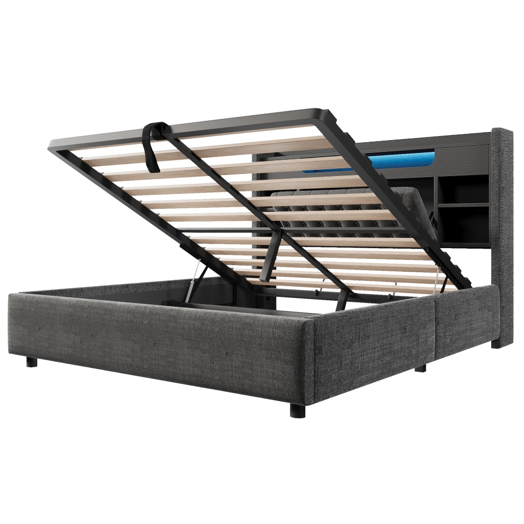 Letto Contenitore 140x190 cm; Letto Matrimoniale - USB; Type-C; LED e Mensole - Grigio
