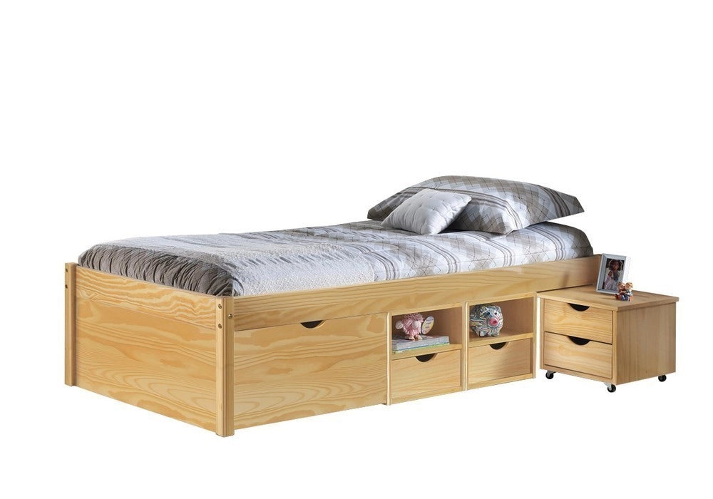 LETTO CON CONTENITORI + COMODINO CLAAS 96x209x47,5H PINO MASSELLO CON DOGHE