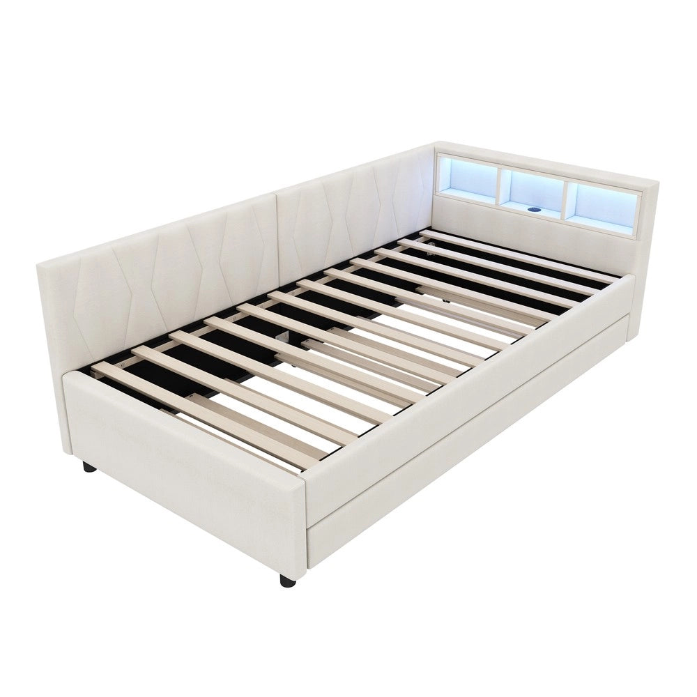 Letto Singolo con LED e Letto Estraibile ¨C MINIMAL ¨C Beige, Tessuto Lino, 90x200