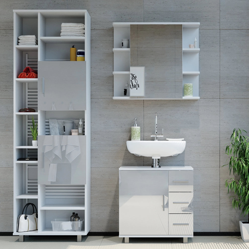 Vicco Set mobili bagno Bianco lucido 3 parti, con armadio alto