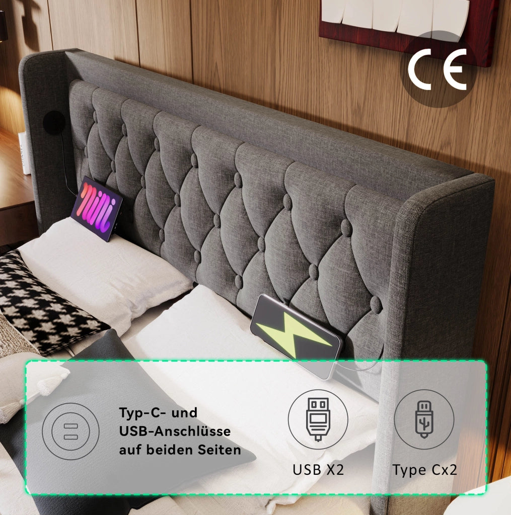 Letto contenitore ULEVR 180x200 cm grigio in cotone con LED 3 lati, USB e Type-C