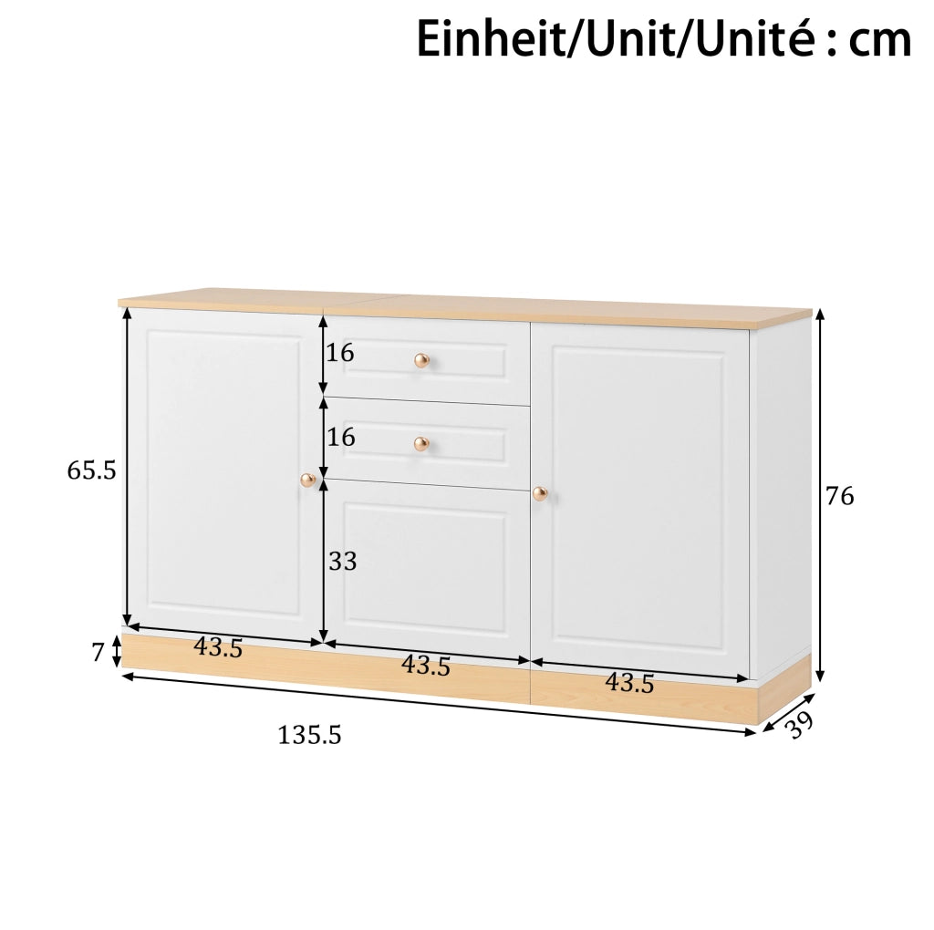 Credenza 135，5x39x76 cm bianca e legno， 3 ante e 2 cassetti