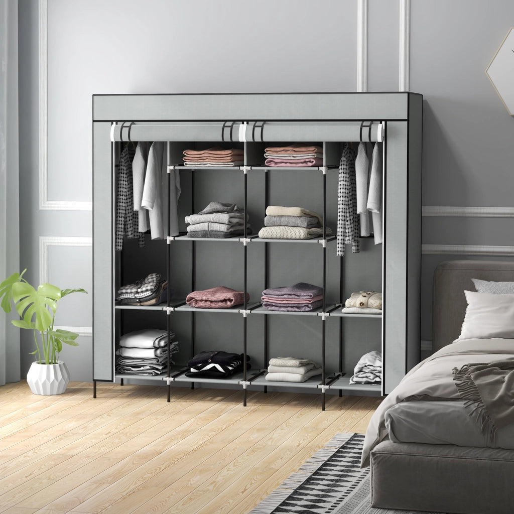 Armadio con 2 aste appendiabiti, 4 cassetti in tessuto e 10 vani, grigio scuro, per camera da letto, 166 × 42,5 × 169,5 cm